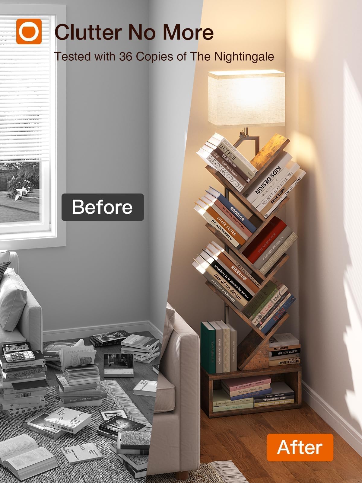 addlon 6-Tier Tree Book Shelf with LED Light, Steel&Wood Bookshelf with Storage Cabinet, Narrow Tall Bookcase with 3CCT Bulb, Small Bookshelf for Bedroom, Home Office&Living Room-Rustic Brown addlon