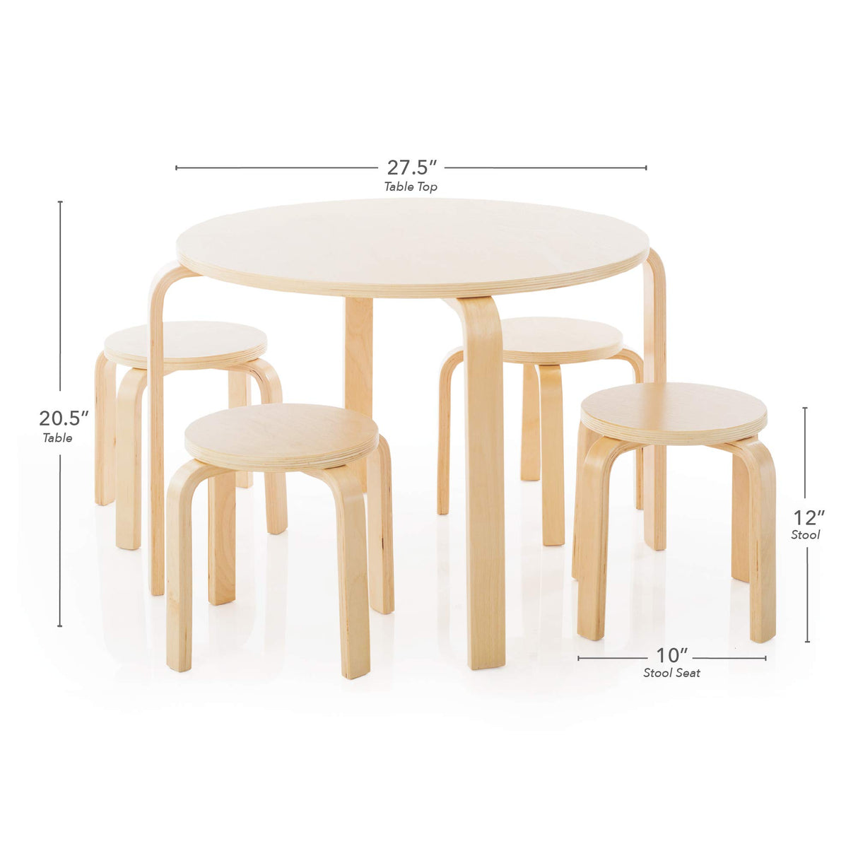 Guidecraft Nordic Table and Chairs Set for Kids: Natural - 4 Stacking Bentwood Stools with Curved Wood Activity Table - Children's Modern Kitchen, Playroom and Classroom Furniture Guidecraft