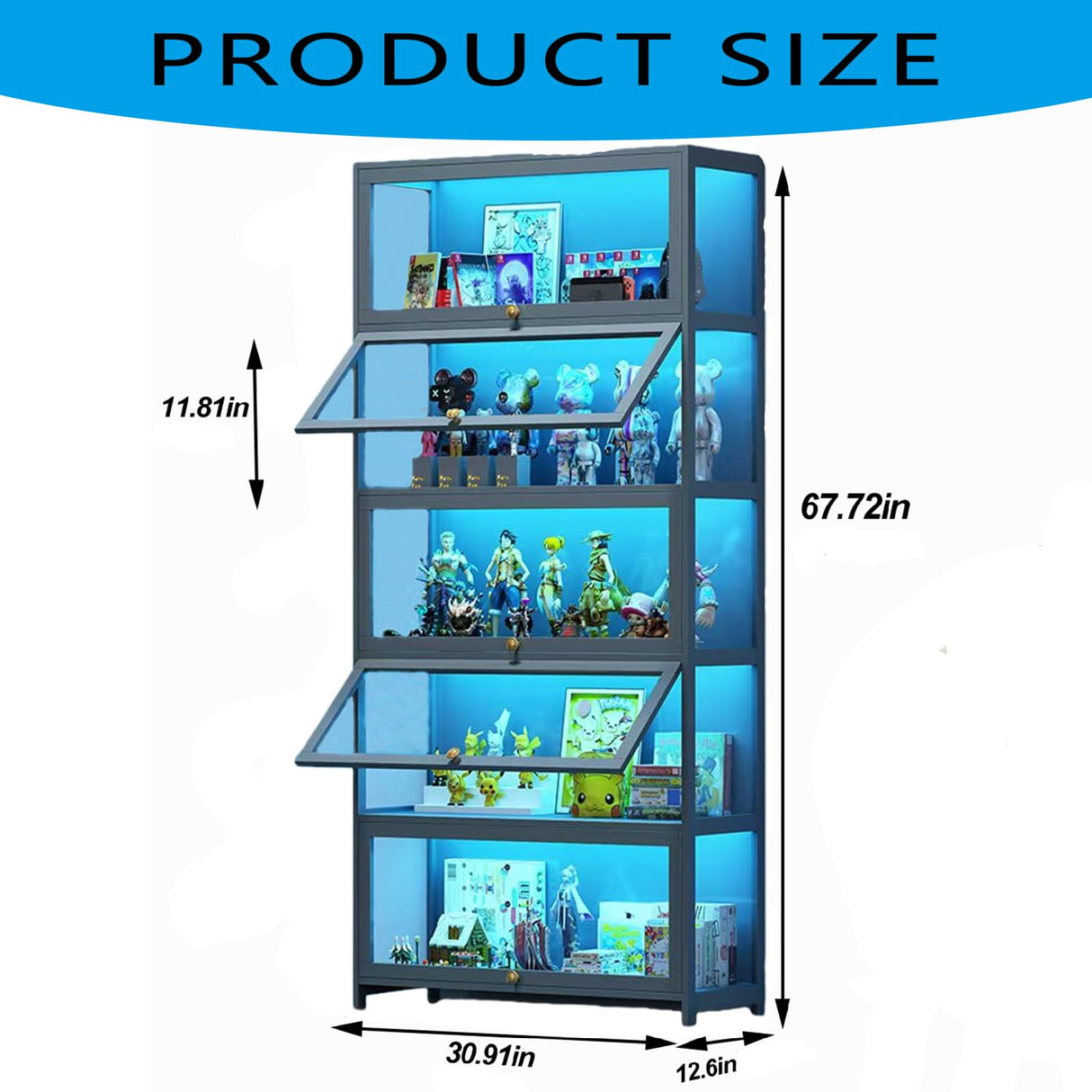 Display Cabinet with Glass Doors, 5-Tier Curio Cabinet with 4 Adjustable Shelves for Collectibles Toy Organizers Rack & Display Shelf, Kids Bookcase for Bedroom, Reading Nook, Living Room (grey) YGWBGA