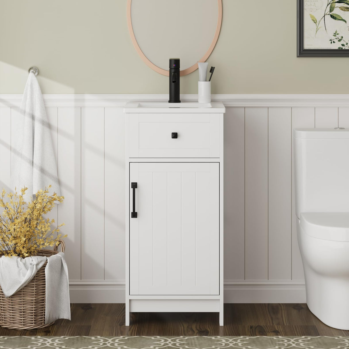 ALBAD 16-Inch Modern Bathroom Vanity with Sink, Small Bathroom Vanity Set with Storage, Freestanding Compact Space Bathroom Cabinet, Single Sink Cabinet with Adjustable Shelf (White) ALBAD