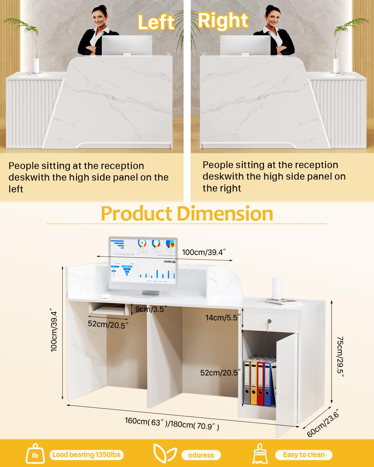 White Reception Desk, Solid Wood Reception Desk with Counter, Check Out Stand with Lockable Drawer & Cabinet, Retail Checkout Counter for Office, Store, Beauty Salon (White Grille-R, 63in) Gguileb