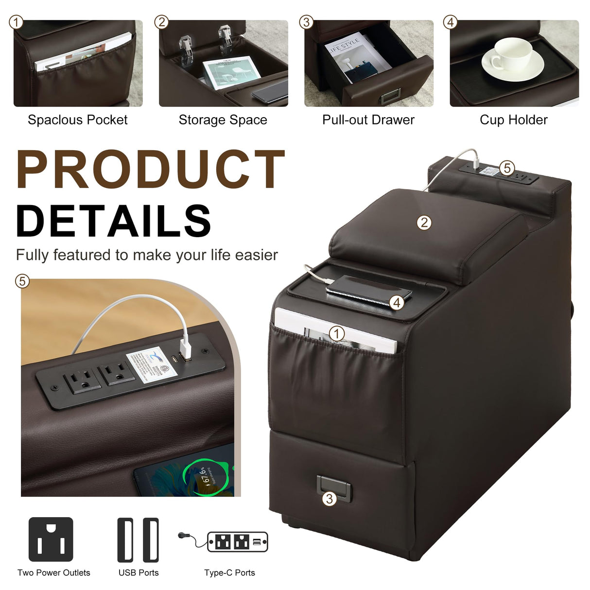 DRMBOOK Power Recliner Chair, Electric Wall Hugger Reclining Sofa with Massage & Heat, Overstuffed Theater Seating with LED/USB Port/Cup Holders for Living Room (Leather Brown, 1 Chair with Console) DRMBOOK