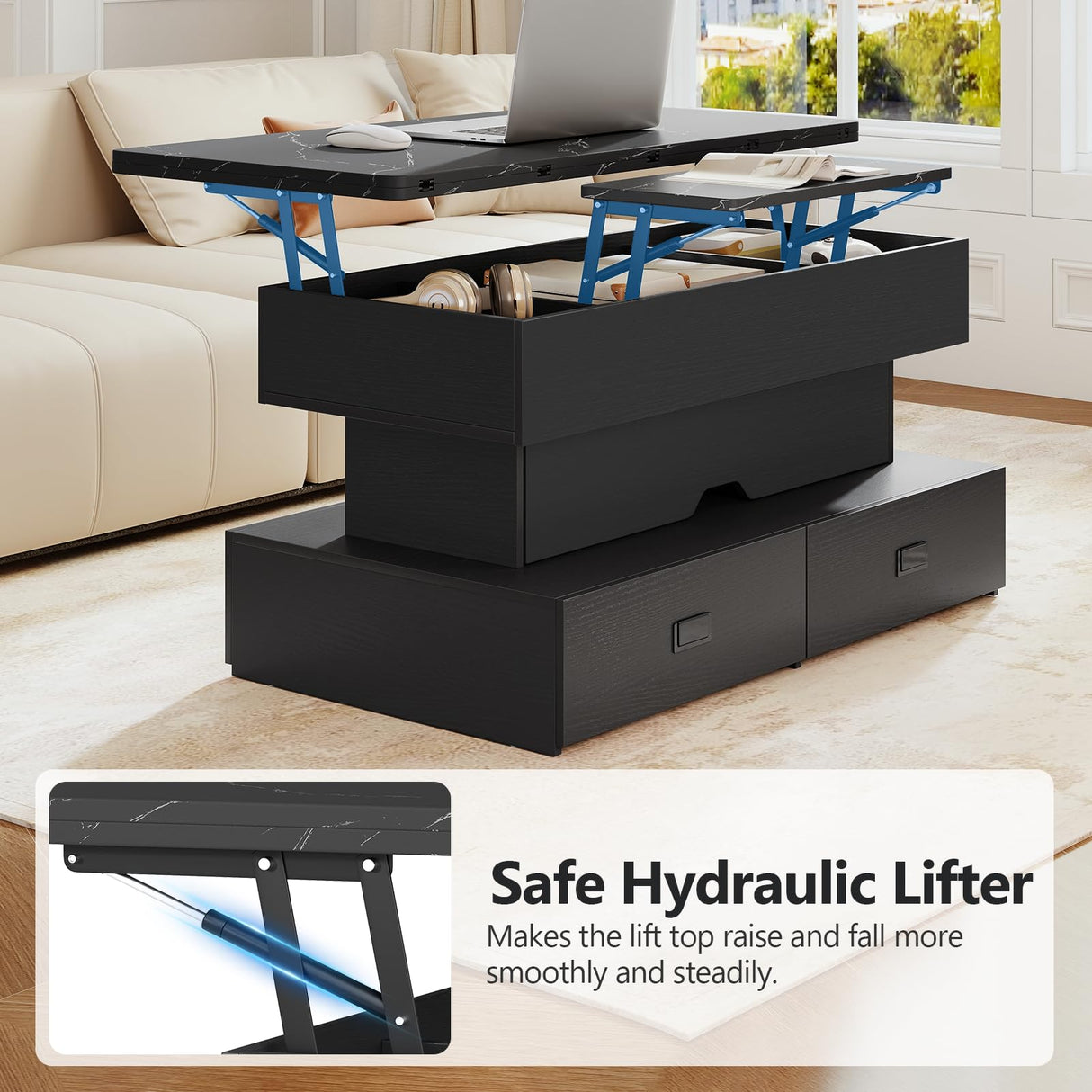 Turosur 40" Lift Top Coffee Table, LED Coffee Tables with Storage and 4 Drawers, Coffee Table with Lifting top for Living Room Home Office Turosur