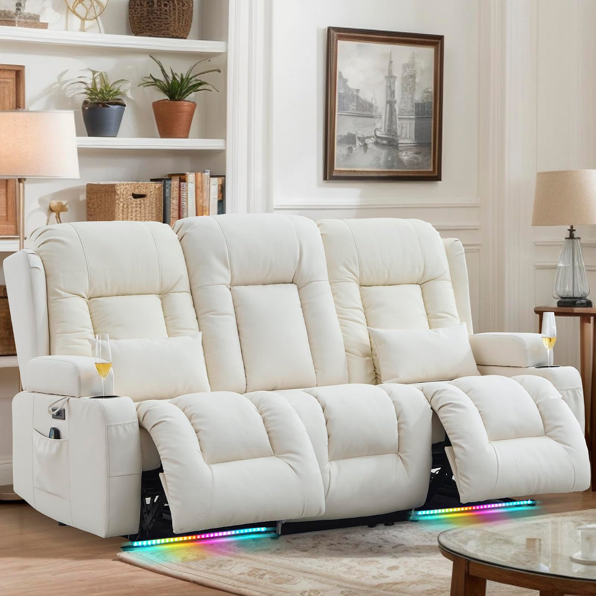 SENIFIS Loveseat Recliner Sofa, Leather Sofa with Massage & Heating, Home Theater Seating Power Reclining Loveseat with Outlet/LED Light/Cup Holders/Lumbar Pillows (Beige, 3 Seat) SENIFIS