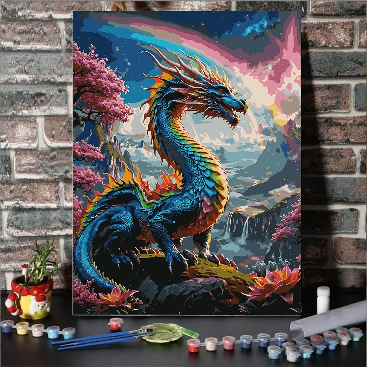 Lovepefe Dragon Paint by Numbers Kit for Adults Beginner with Framed Colourful Dragons Paint by Number Kits Acrylic On Canvas Easy Oil Painting Kit for Gift Home Wall Decor 12x16 Inch Lovepefe