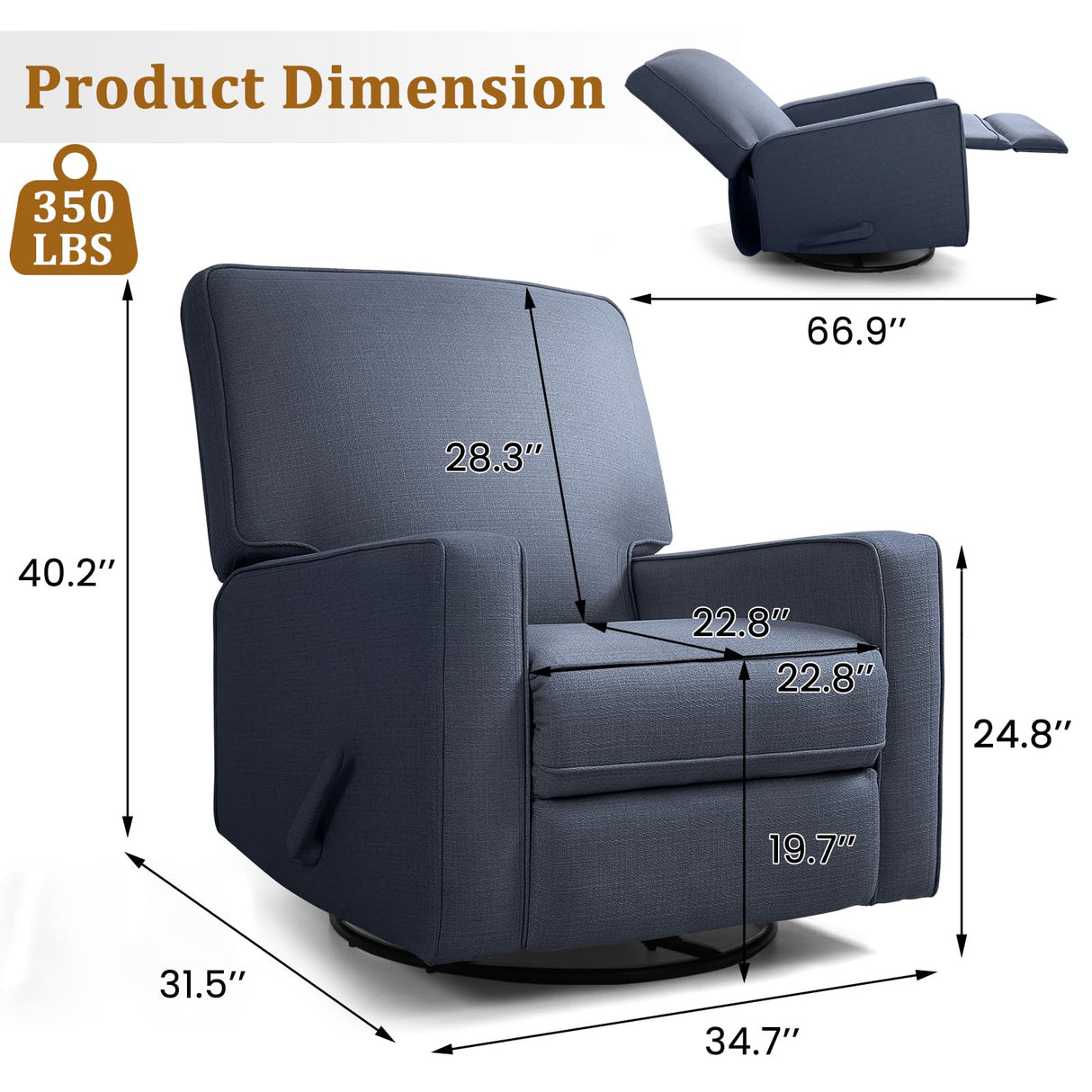 KeyEnergy Swivel Rocker Recliner Chair for Adults, High Back Fabric Recliner with Deep Seat, Manual Glider for Living Room & Nursery, Blue KeyEnergy