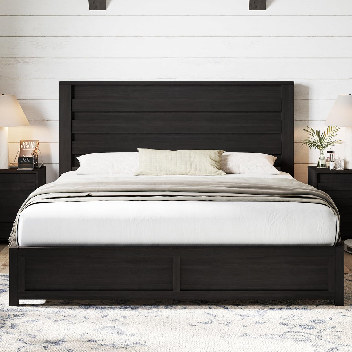 AMERLIFE Farmhouse King Size Bed Frame with 49" Fluted Headboard, Wood Platform Bed with Natural Grain, No Box Spring Needed/Noise Free, Black AMERLIFE