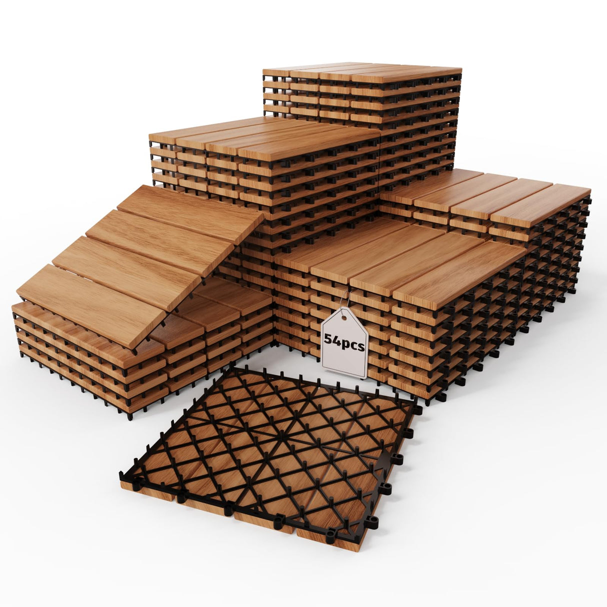 54 PCS Acacia Wood Interlocking Deck Tiles - 12"x12" All Weather Waterproof, Indoor Outdoor Patio Flooring for Balcony, Backyard, Poolside Acarra