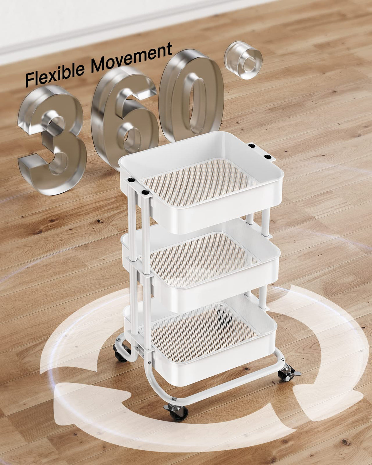 Pipishell 3 Tier Metal Rolling Utility Cart, Heavy-Duty Storage Rolling Cart with 2 Lockable Wheels, Multifunctional Mesh Organization Utility Cart for Kitchen Dining Room Living Room (White) Pipishell
