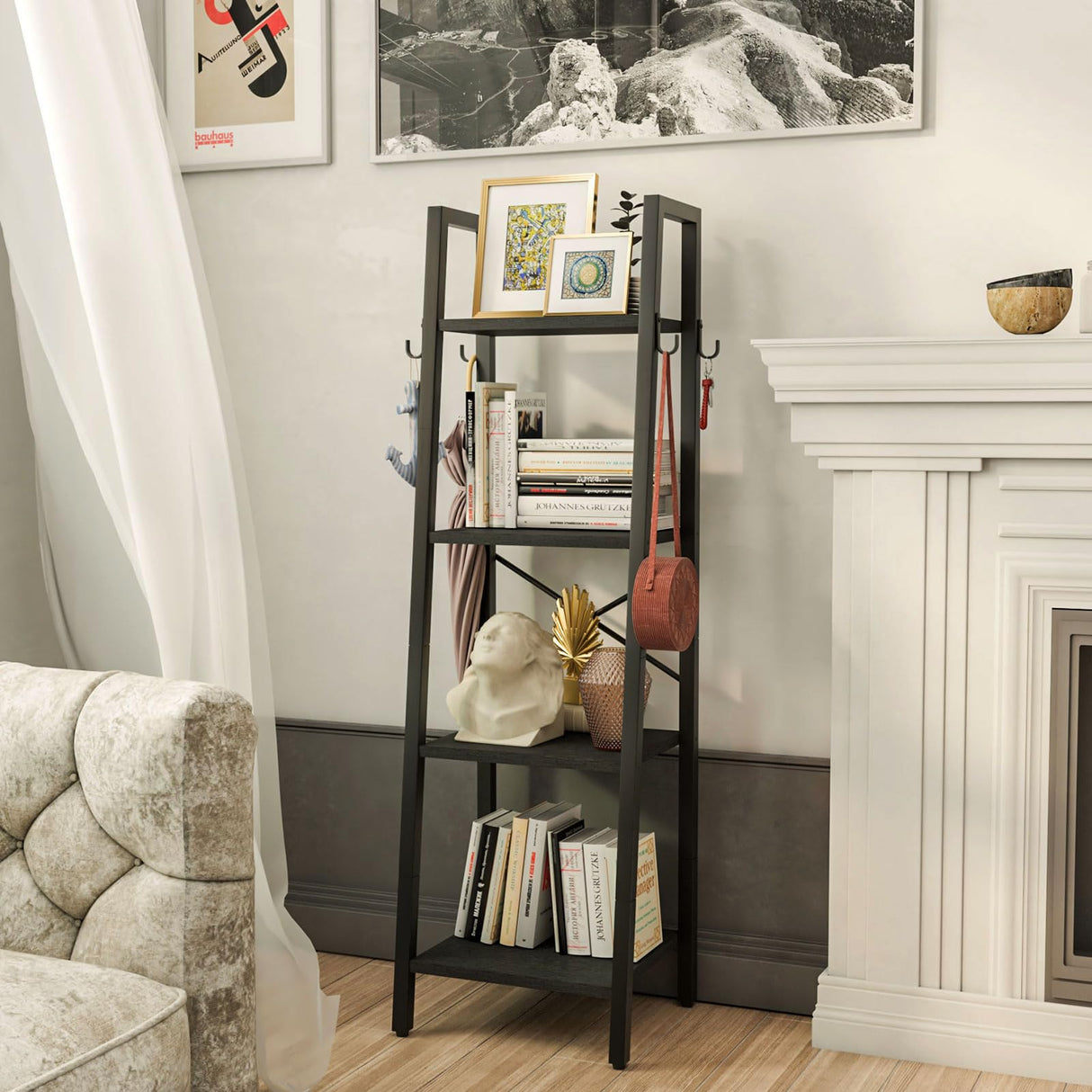 YMYNY 4 Tiers Ladder Bookcase, Industrial Narrow Bookshelf, Open Display Rack with 4 S Hooks, Metal Storage Shelves for Bedroom, Home Office, Living Room, Black, 49.2H*13.4L*11.8W, UHBC024B YMYNY
