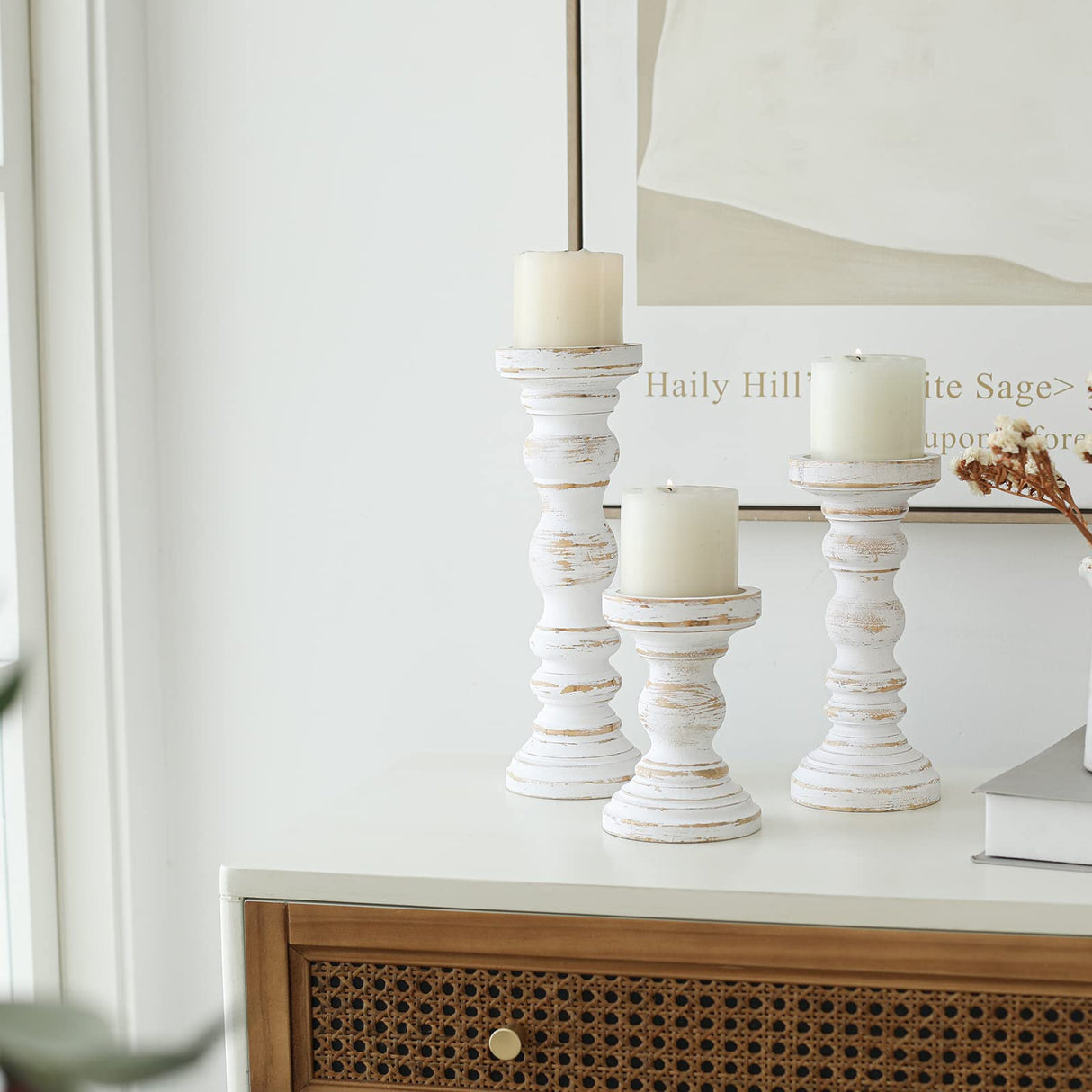 SwallowLiving Rustic Farmhouse Wood Pillar Candle Holder Set of 3 for Candlestick, White SwallowLiving