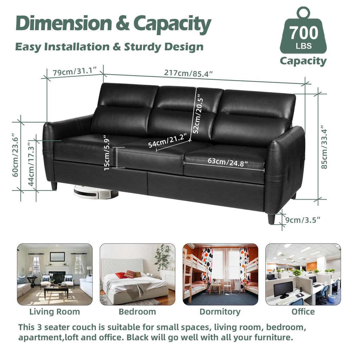 STHOUYN 85” Black Faux Leather Couch with USB, 3 Seater Sofa Couches for Living Room, Large Mid Century Modern Office Apartment Couch (Black) STHOUYN