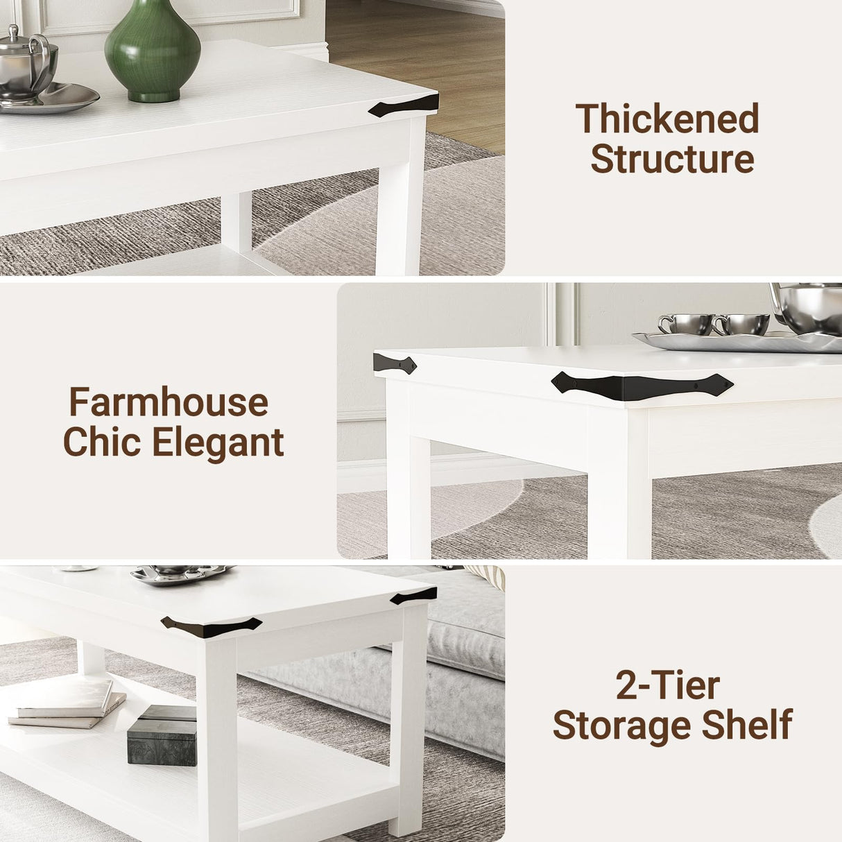 Homieasy Coffee Table with Storage Shelf, 43.3” Farmhouse Wood Coffee Tables for Living Room, Modern Center Tea Table, White