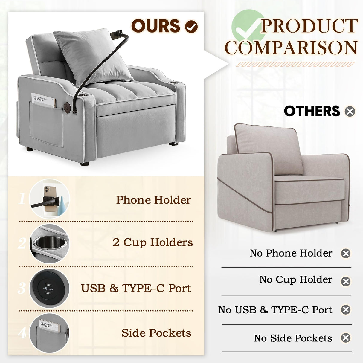 SLEERWAY 3-in-1 Convertible Futon Sofa Bed Chair, Multi-Functional Sleeper Chair Bed with Pull Out Couch and Adjustable Backrest, Modern Velvet Chaise Lounge Armchair for Living Room Bedroom, Grey SLEERWAY