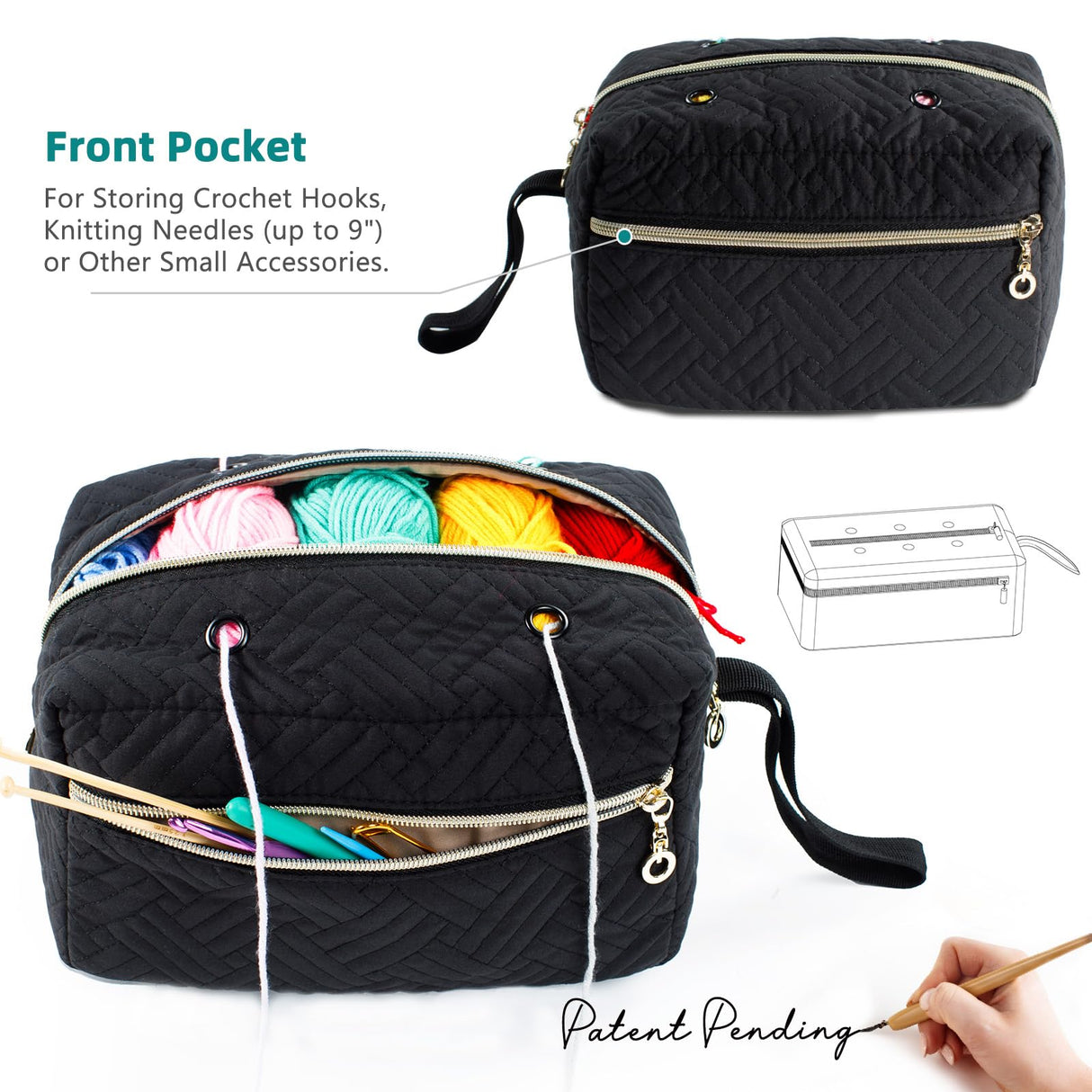 MYBAGZING Small Crochet Bag Organizer - Knitting Yarn Storage for Crocheting Holder Accessories, Needles, Hooks, Gifts, Black, (AM370) MYBAGZING