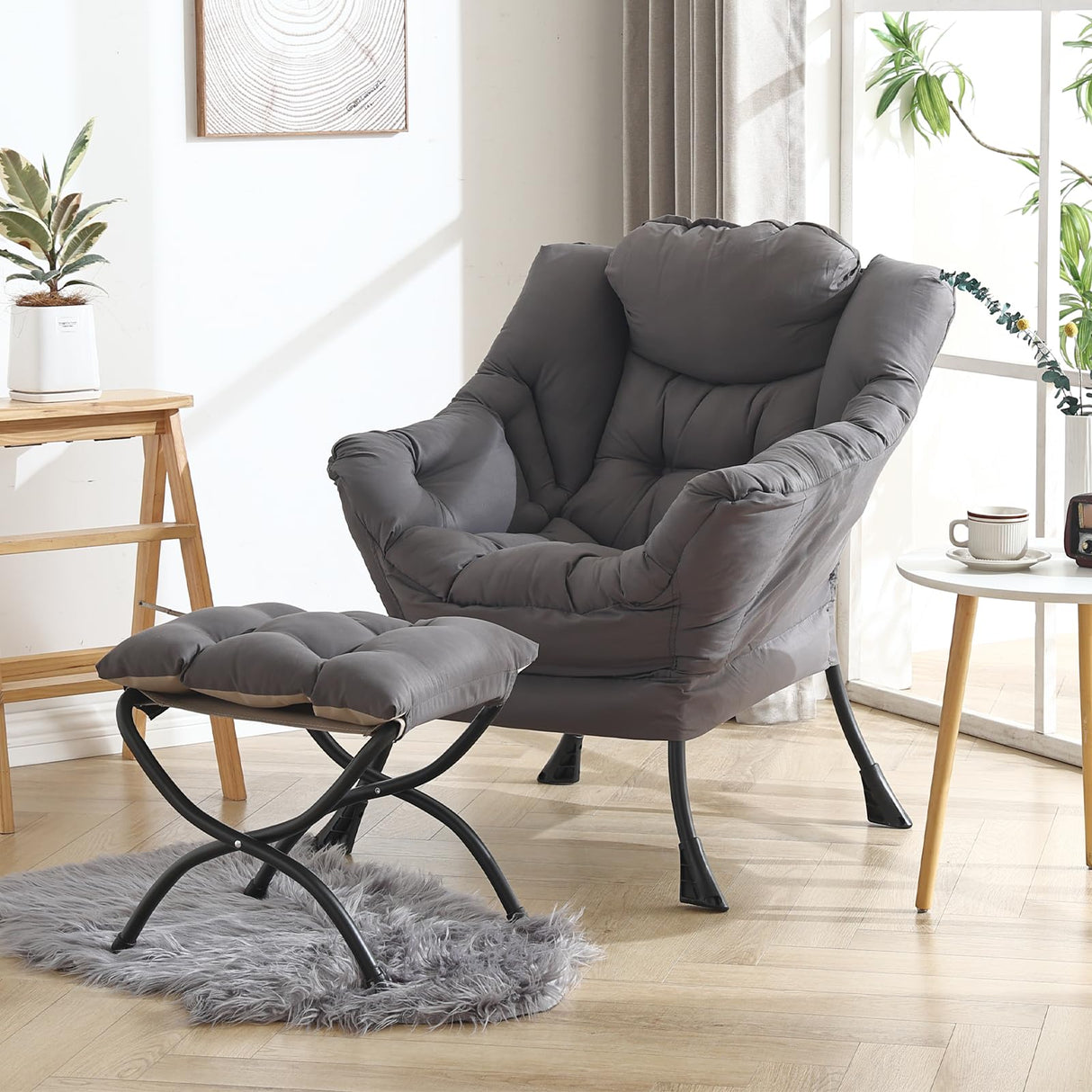 Welnow Lazy Chair with Ottoman, Modern Lounge Accent Chair with Armrests and a Side Pocket, Leisure Upholstered Sofa Chair Reading Chair with Footrest for Small Space, Corner Chair, Dark Grey Welnow