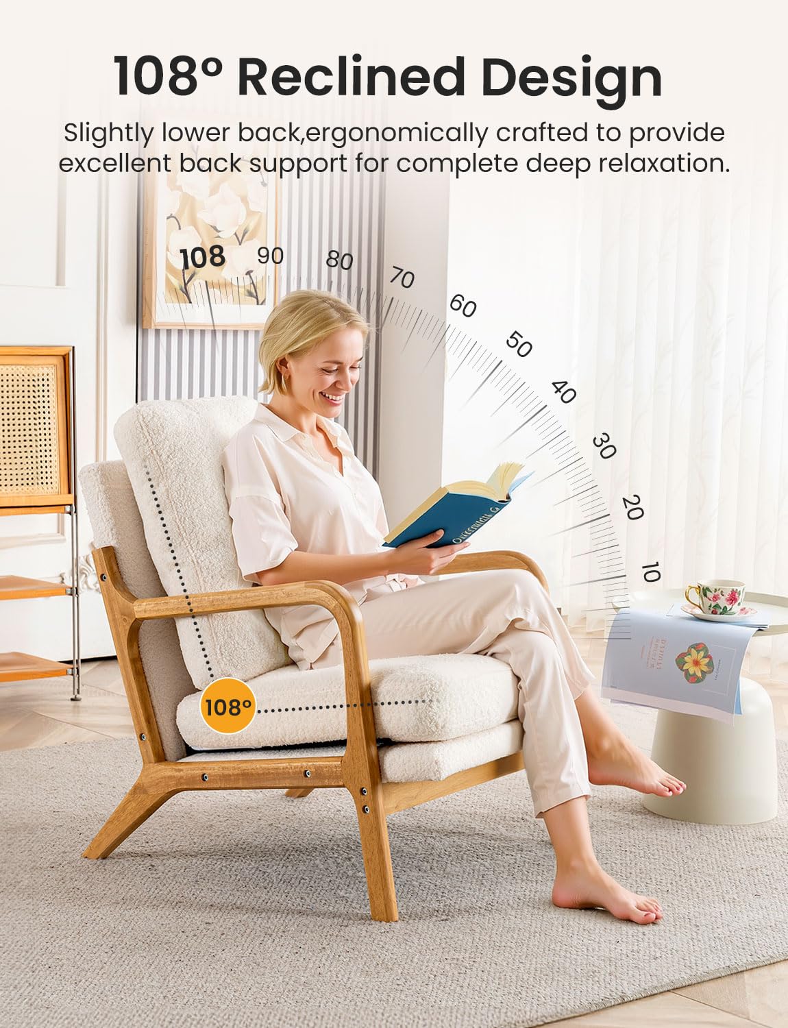 Mid Century Modern Accent Chairs for Living Room, 23” Wide Comfy Chair for Bedroom, Small Cozy Sherpa Reading Chairs for Adults, 108° Lounge Arm Chair Indoor with Detachable Cover, 5.5" Foam Cushion Miscoos