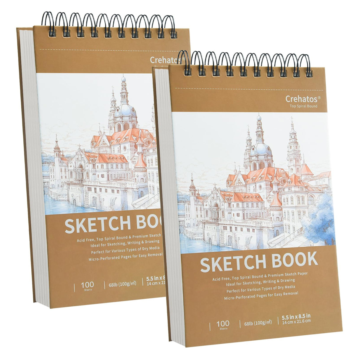 Crehatos 5.5" x 8.5" Sketch Book, Top Spiral Bound Sketch Pad, 100 Sheets Each 68lb/100gsm Drawing Paper, 2 Pack Crehatos