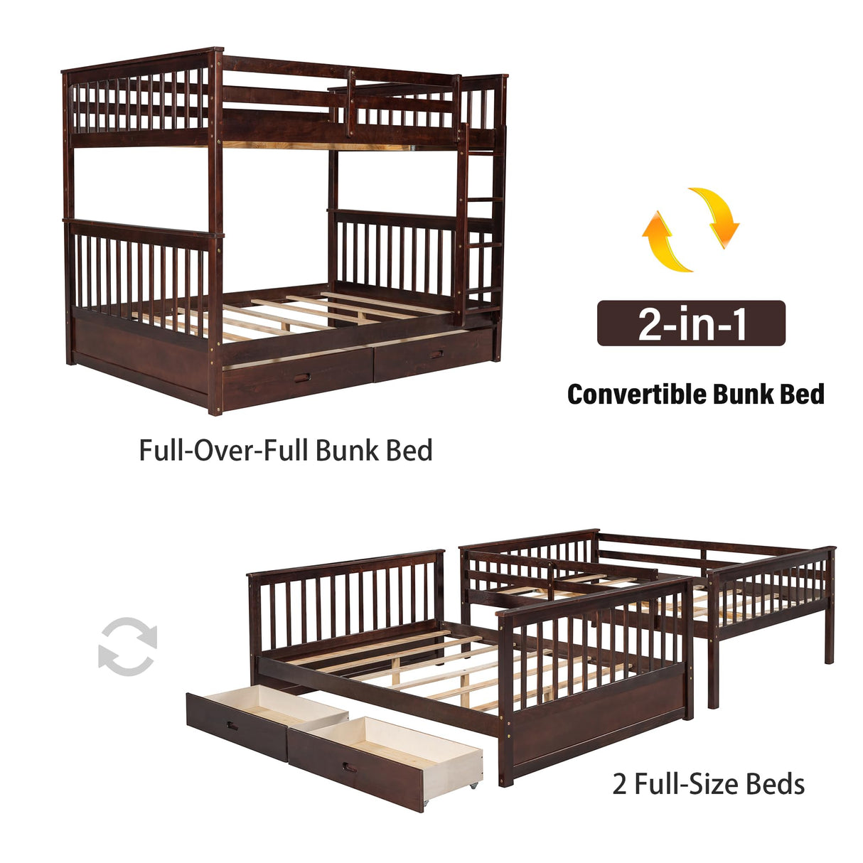 Merax Wood Bunk Bed with Drawers, Full Over Full Convertible Wood Bunk Bed with Ladders and Two Storage Drawers,Solid Wood Detachable Bunk Bed Frame with Ladders, Espresso Merax