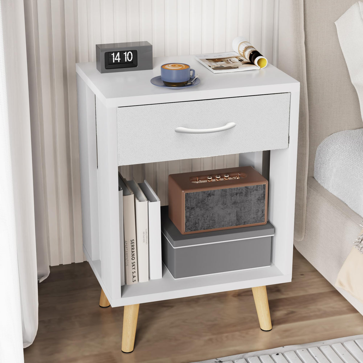 GYIIYUO Nightstands Set of 2 with Fabric Storage Drawer and Open Wood Shelf, Side Table with Storage for Bedroom, Night Stand with Drawer for Bedroom, Bedside Tables - White 24" H GYIIYUO