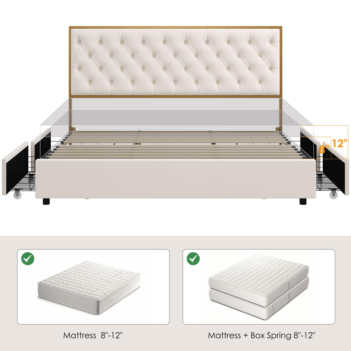 HIFIT Full Upholstered Bed Frame with 4 Storage Drawers and Handmade Button Tufted Headboard, Modern Velvet Full Size Platform Storage Bed with Solid Wooden Slat, No Box Spring Needed, Golden & Beige HIFIT