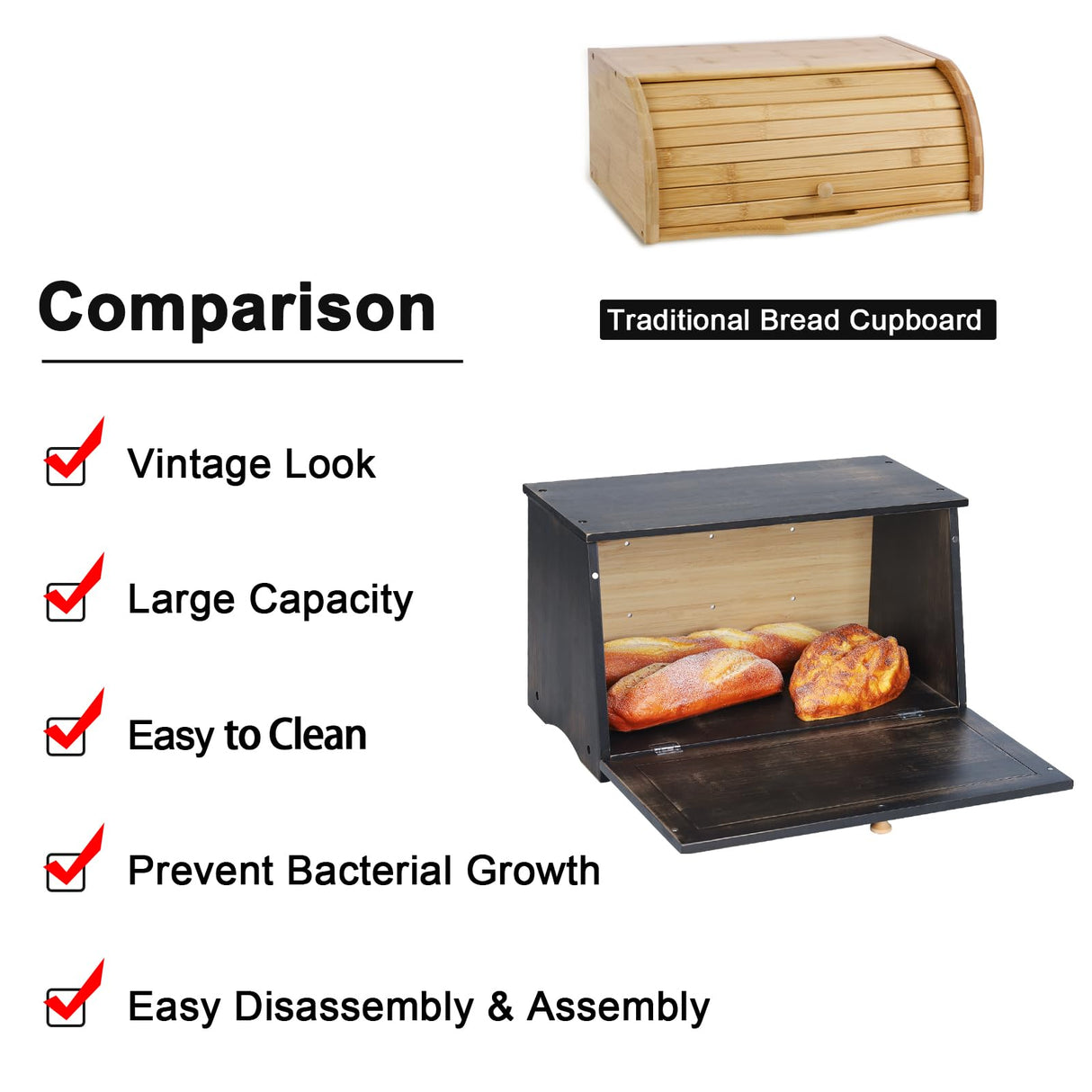 HOMEKOKO Large Wood Bread Box for Kitchen Counter, Retro Design Single Layer Bamboo Large Capacity Food Storage Bin (Vintage Black) HOMEKOKO