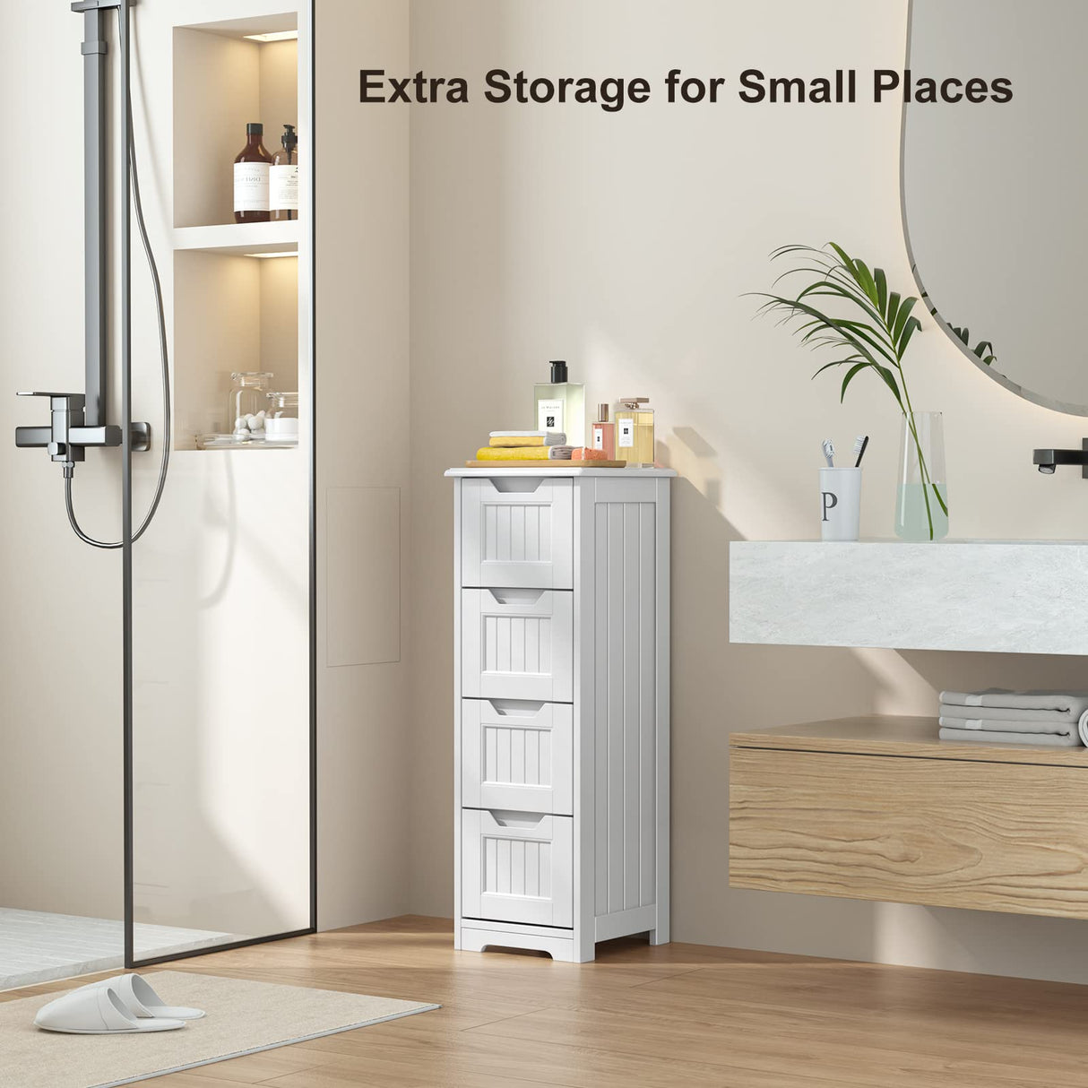 Gizoon 33" Freestanding Small Bathroom Storage Cabinet with 4 Drawers in White Gizoon