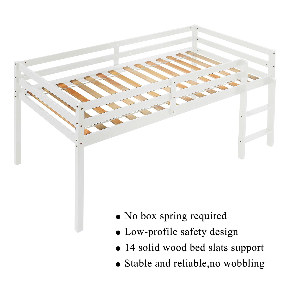 LoLado Twin Low Loft Bed for Kids with Ladder and Guard Rails - Sturdy Solid Wood Frame in White LoLado