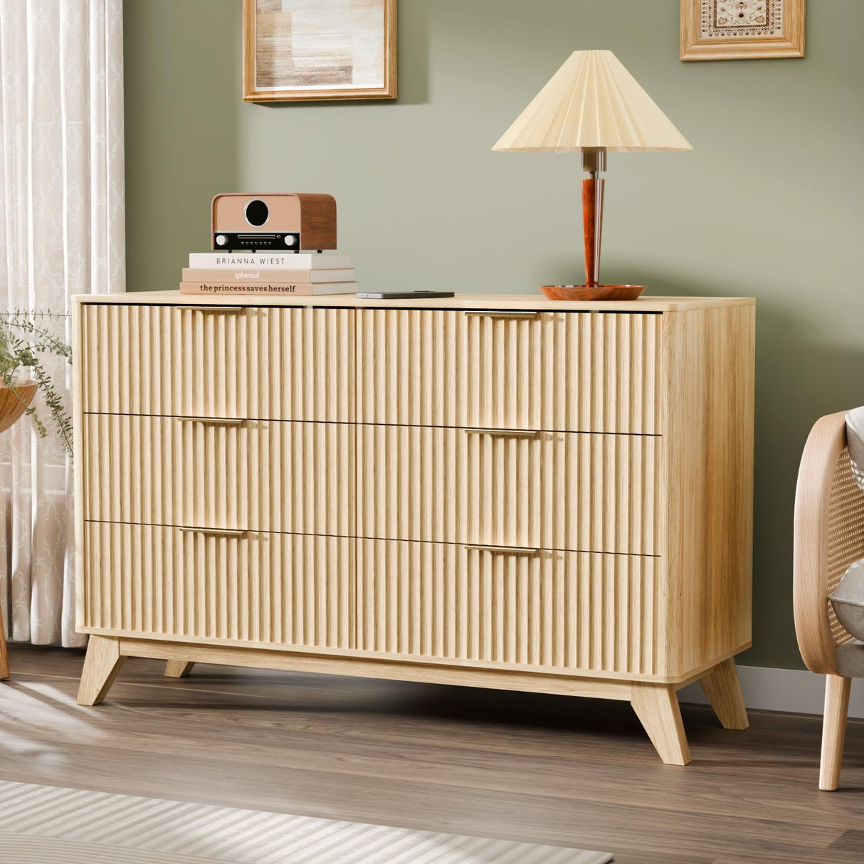 VINGLI Fluted Dresser 6 Drawer, Wood Dresser for Bedroom with Rounded Edges, Mid Century Modern Dressers 47" Long Chest of Drawers, Natural Wood Color, 46.8" W*15.6" D*31" H VINGLI