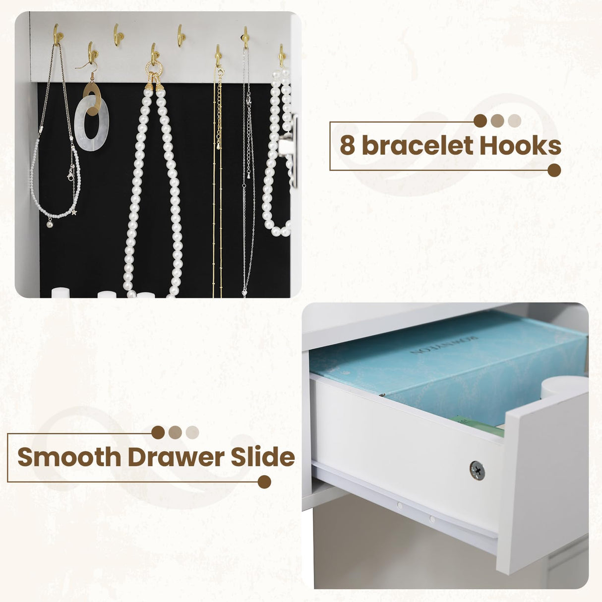 HAUOMS Makeup Vanity with Lights & Sliding Mirror, Vanity Desk with Jewelry Organizer, Glass Cabinet & 5 Drawers, Dressing Table, Modern White HAUOMS