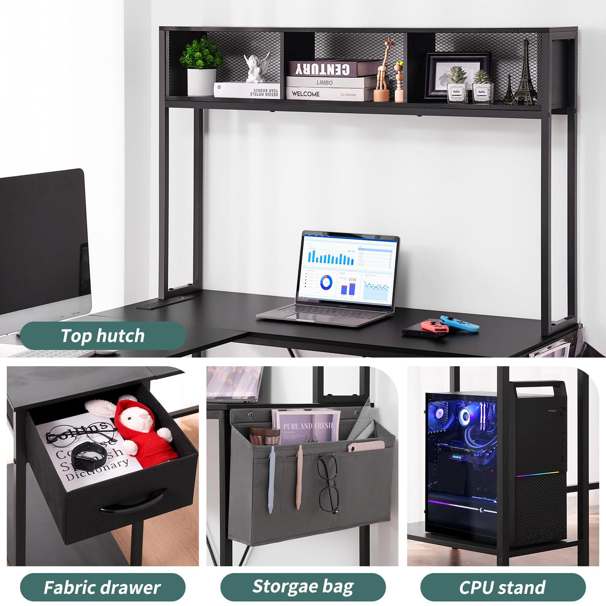 Yoobure L Shaped Desk Gaming Desk with LED Strip & Power Outlet, Reversible L-Shaped Computer Desk with Drawer, Corner Desk with Storage Shelf, 2 Person Home Office Desk, Carbon Fiber Black Yoobure