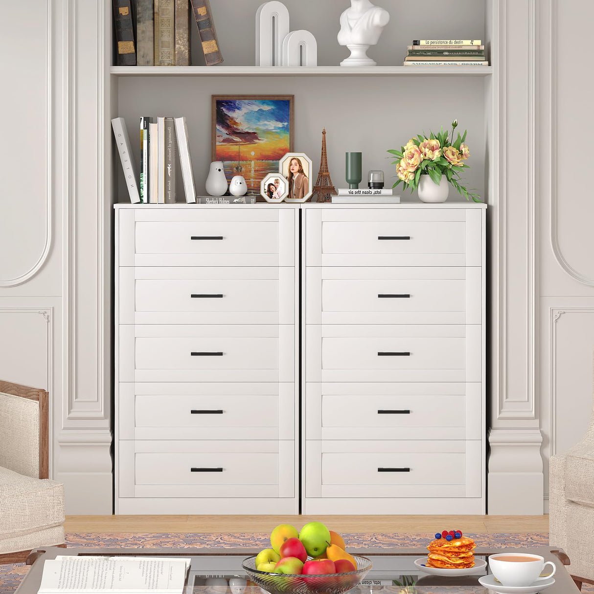 Frmobepts 5 Drawer Dresser for Bedroom, White Dresser with Deep Drawers, Modern Tall Dresser Farmhouse Wooden Dresser Chest of Drawers for Living Room, Hallway, Entryway Frmobepts