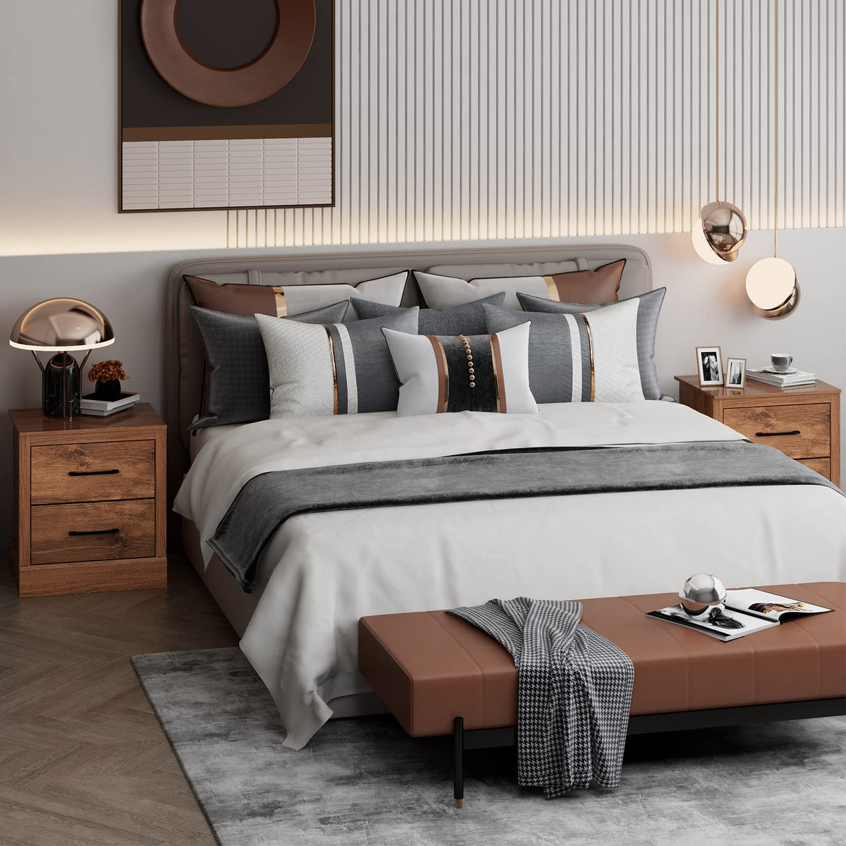 Giantex Farmhouse Nightstand, Wood Bedside Table with 2 Storage Drawers, Compact Floor Night Stand End Table, Walnut Accent Sofa Side Table for Bedroom Giantex