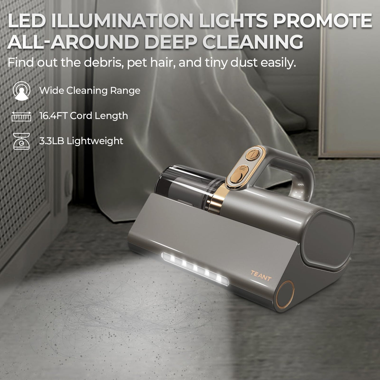 Teant Mattress Vacuum Bed Vacuum Cleaner with 253.7nm UV-C Light, HEPA Filter & 140℉ Heating, 500W & 15Kpa Strong Suction, Lightweight Handheld Vacuum with Dual-Cup Design for Bed and Pet Hair Teant