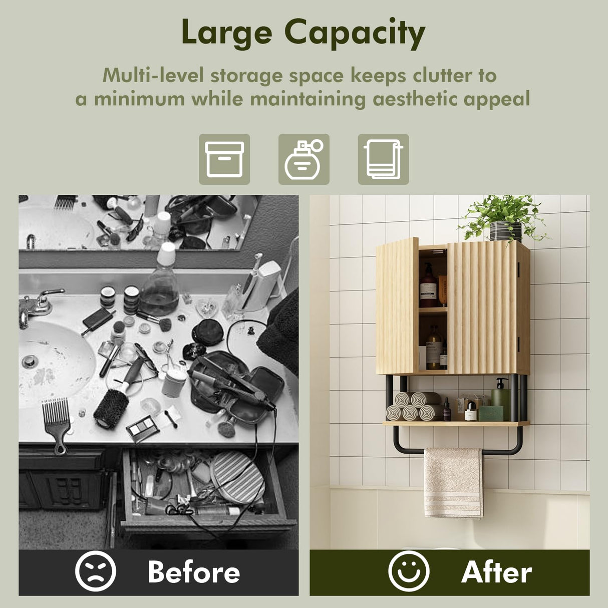 RUSTOWN Fluted Bathroom Wall Cabinet with 2 Doors, 3-Tier Modern Farmhouse Medicine Cabinet, Over The Toilet Storage Cabinet with Adjustable Shelf and Towel Bar(Natural, Small) RUSTOWN