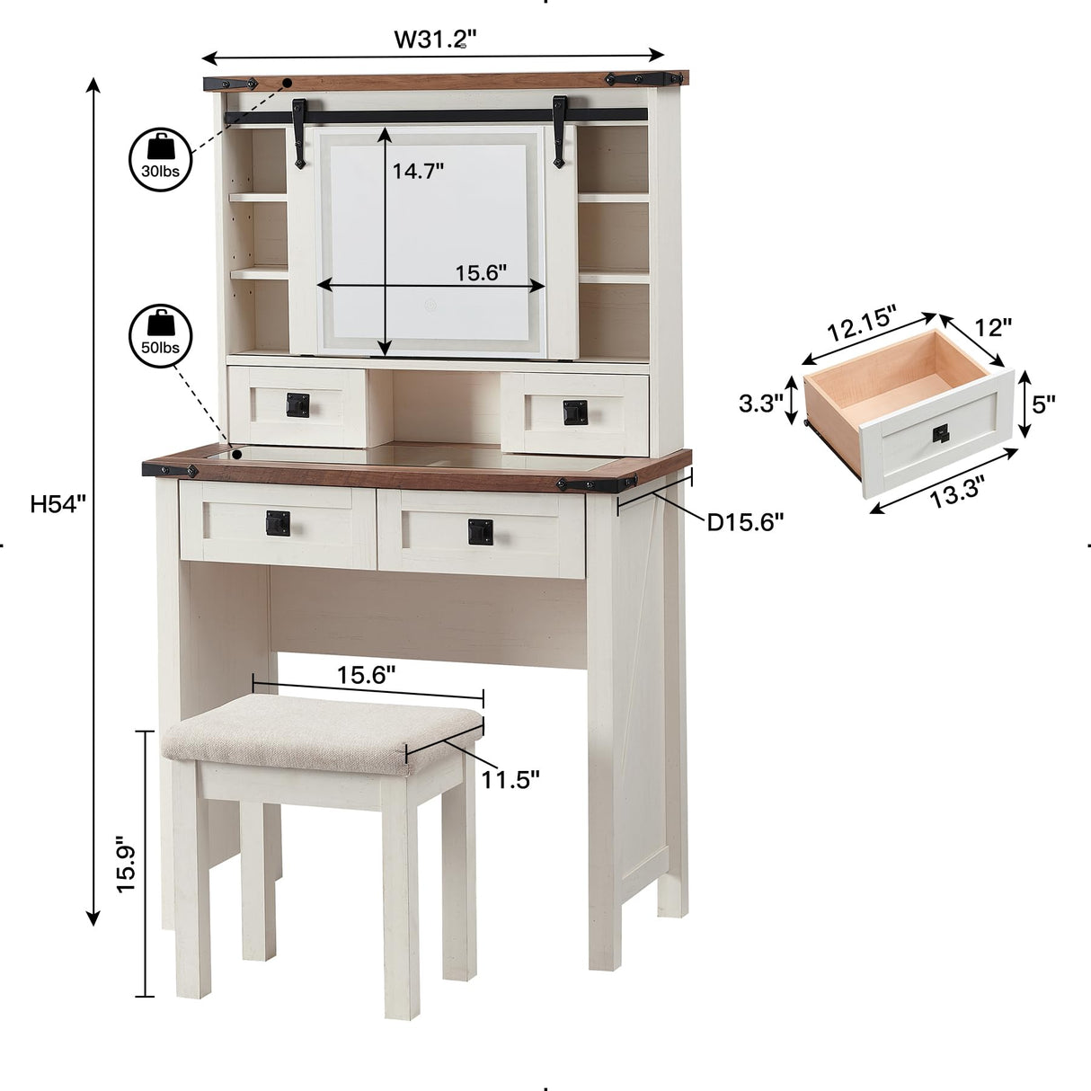 T4TREAM Farmhouse Makeup Vanity Desk with Sliding Mirror and Lights, 31.2'' Glass Tabletop White Vanity Table with 2 Drawers & Shelves, Rustic Vanity Set for Bedroom, Stool Included, Antique White T4TREAM