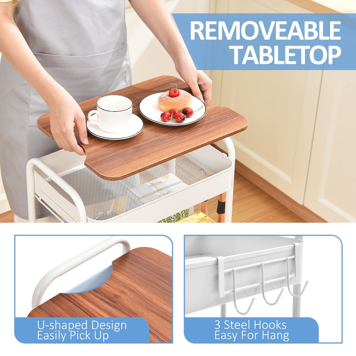 TOOLF 3-Tier Rolling Cart with Table Top, Metal Storage Cart on Wheels, Utility Organizer with Wooden Tray, Lockable Casters, Easy Assembly for Bathroom, Living Room, Office, Kitchen, White TOOLF