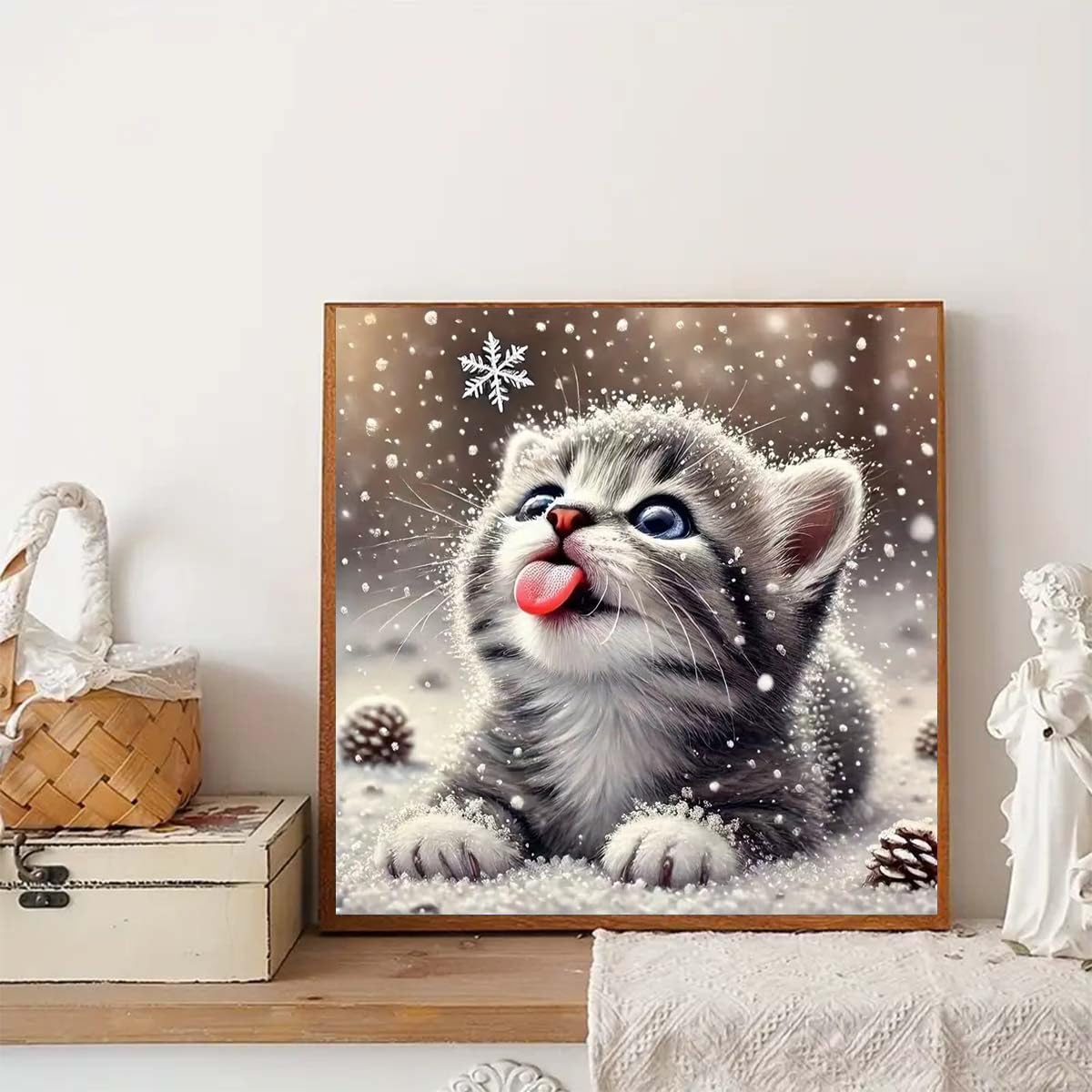 Animal Cat Diamond Art Kits for Adults,DIY Round Full Drill Diamond Painting Kits for Beginners Gem Art Winter Cat,5D Diamond Dots Painting with Diamond Arts and Crafts Wall Decor 13.8 x 13.8inch GEMFAMILY