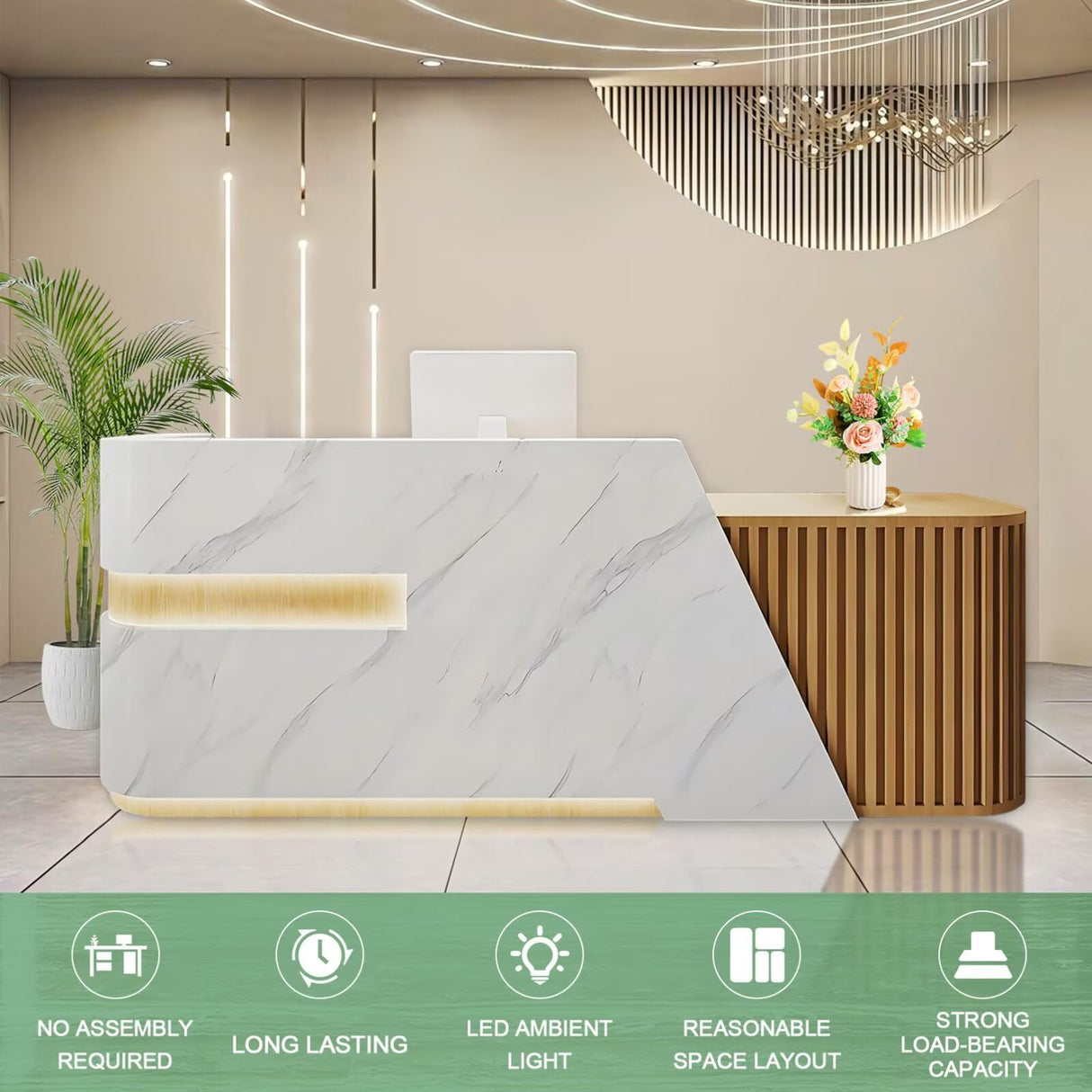 Reception Desk Modern Front Desk Reception Counter Retail Checkout Counter with Hidden Lighting Receptionist Room Tables No Assembly Required for Beauty Salon Wood and White Right 87inch Generic
