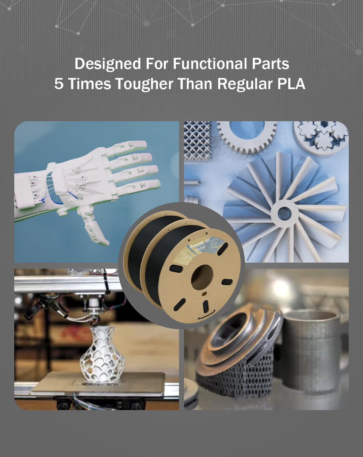 DURAMIC 3D PLA+ Filament 1.75mm 2Kg Black, PLA Plus Filament 2 Pack 1kg Spool(2.2lbs) Tougher and Stronger, Dimensional Accuracy Probability +/- 0.02mm DURAMIC 3D