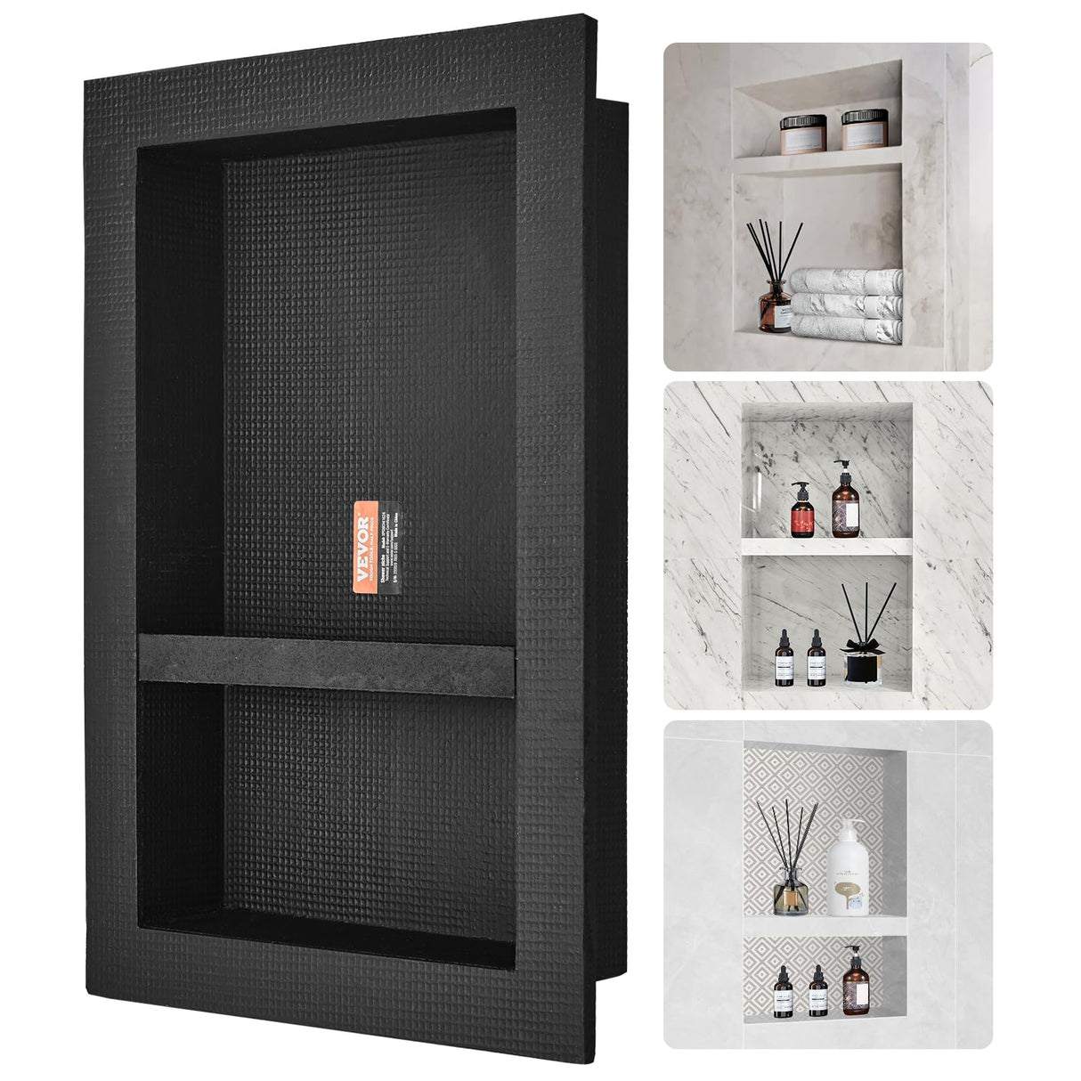 VEVOR Shower Niche Ready for Tile 16" x 24", Double Shelf Organizer, Square Corners Wall-inserted Niche Recessed, Sealed Protection Modern Soap Storage Niche for Shower Bathroom, Black VEVOR