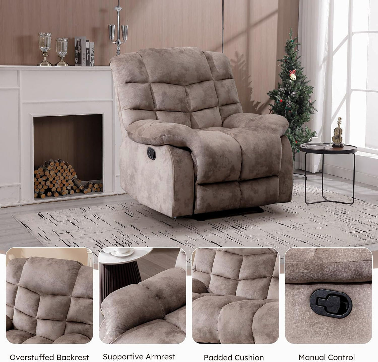 EBELLO Manual Recliner Chair, Overstuffed Reclining Sofa with Soft Padded Headrest and Armrest, Soft Fabric Single Couch for Living Room, Light Brown EBELLO