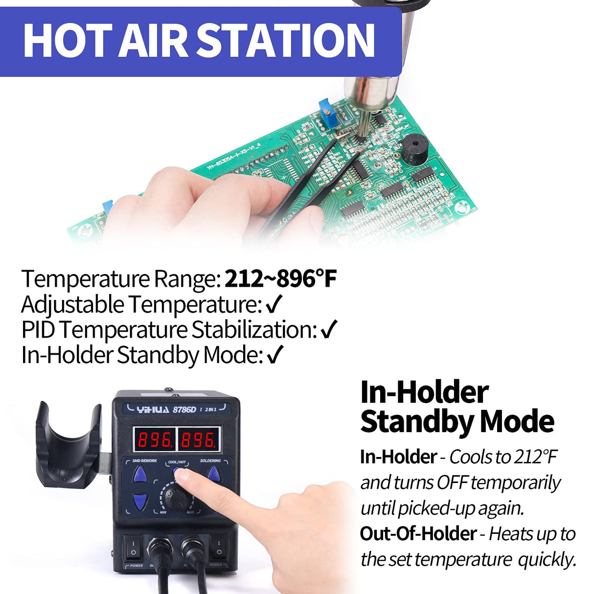 YIHUA 8786D I 2 in 1 Hot Air Rework and Soldering Iron Station with °F /°C, Cool/Hot Air Conversion, Digital Temperature Correction and Sleep Function YIHUA