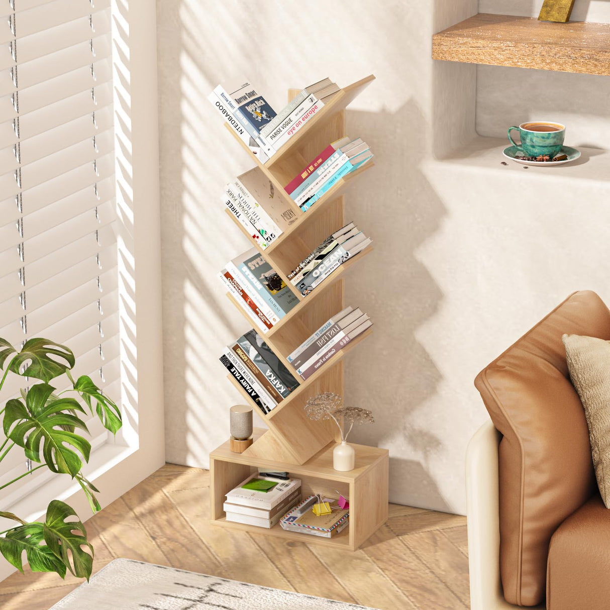 SHEEPAM 9 Tier Tree Bookshelf,Christmas Green Bookcase for Narrow Space, Storage Organizer Floor Standing Bookshelves for Books, Tall Book Case for Home Office, Living Room, Bedroom SHEEPAM