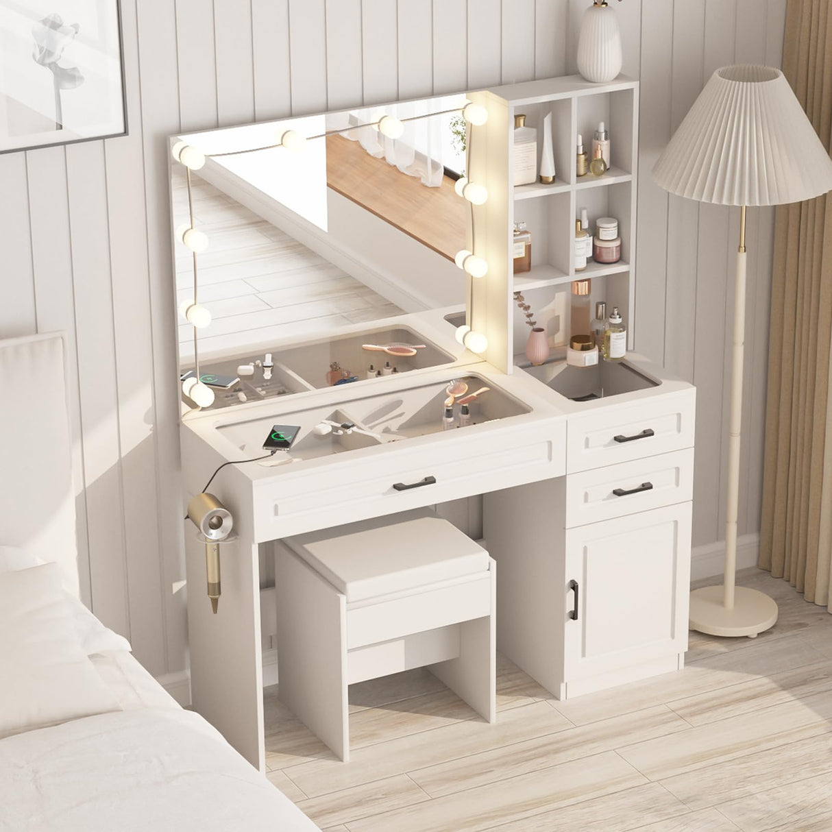 Fameill Vanity Desk with Lighted Mirror & Power Strip,Large Vanity Table with Glass top and Lots Storage,3 Drawer Makeup Desk with Hair Dryer Stand,3 Lighting Modes,White Fameill