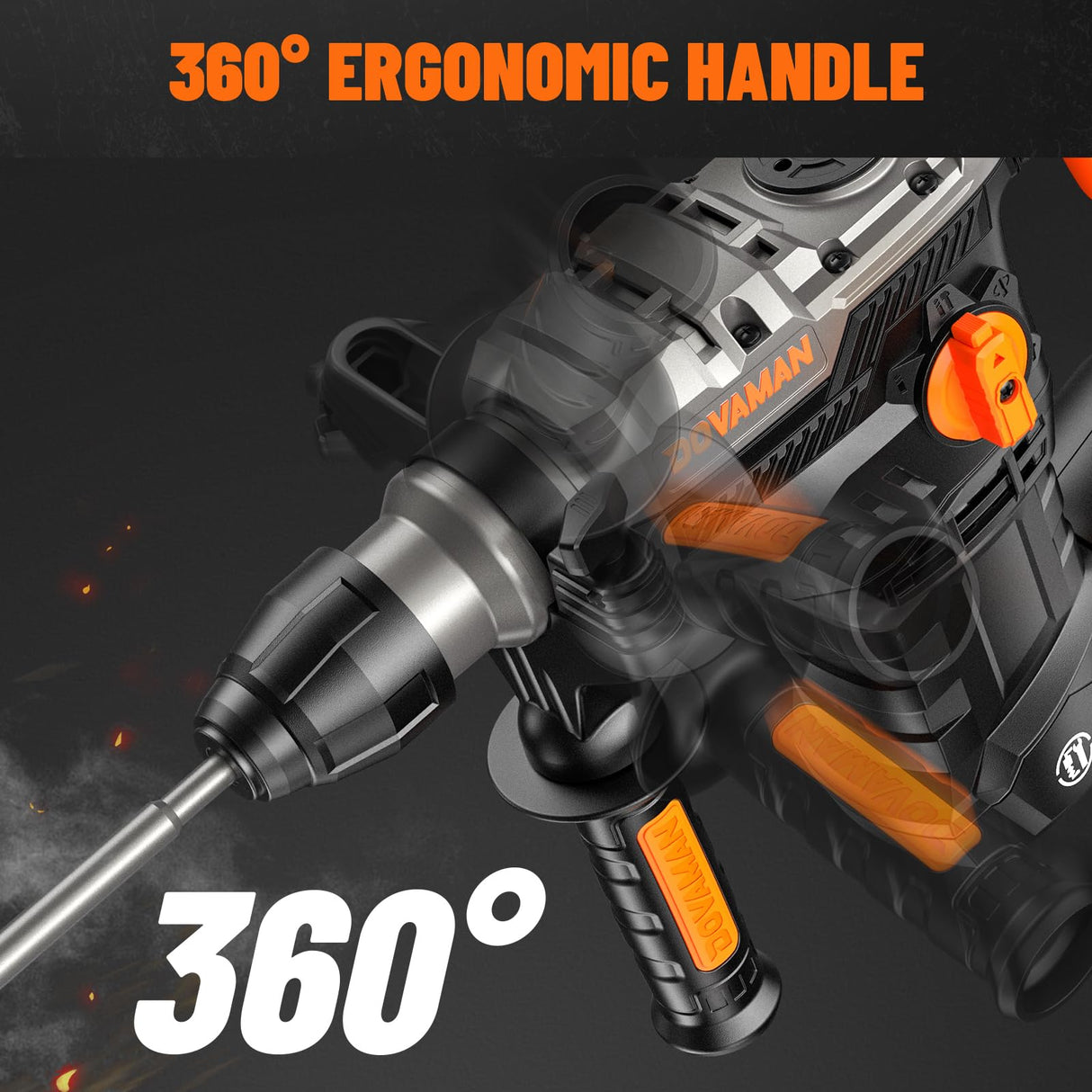 DOVAMAN RH15A 1-9/16'' SDS-Plus Rotary Hammer Drill, 4 in 1 Functions, Multi-material Use, Safety Clutch, 6 Speeds, SDS-Plus Adaptor, 4350BPM/900RPM, Vibration Control, Demolition Hammer for Concrete DOVAMAN