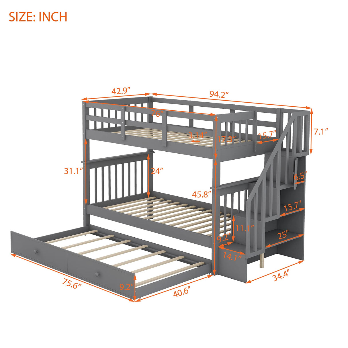 CITYLIGHT Bunk Bed Twin Over Twin with Trundle, Bunk Beds with Stairs and Open Shelves, Wooden Twin Bunk Bed for Kids, Teens,Bedroom, Dorm(Grey,Twin Over Twin) CITYLIGHT