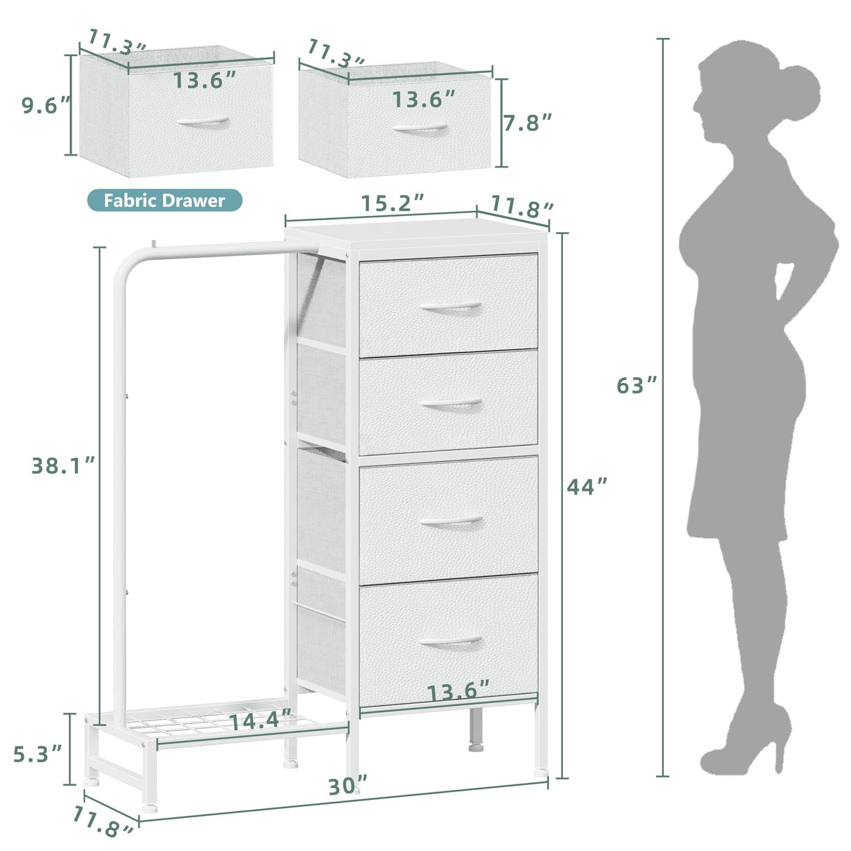 HIGDBFE Dresser with Hanging Rack, 4 Drawers Small Dresser for Bedroom, Reversible Fabric Kids Chest of Drawers for Closet with Clothes Rack, Tall Storage Tower, Sturdy Frame, White, 44''H HIGDBFE