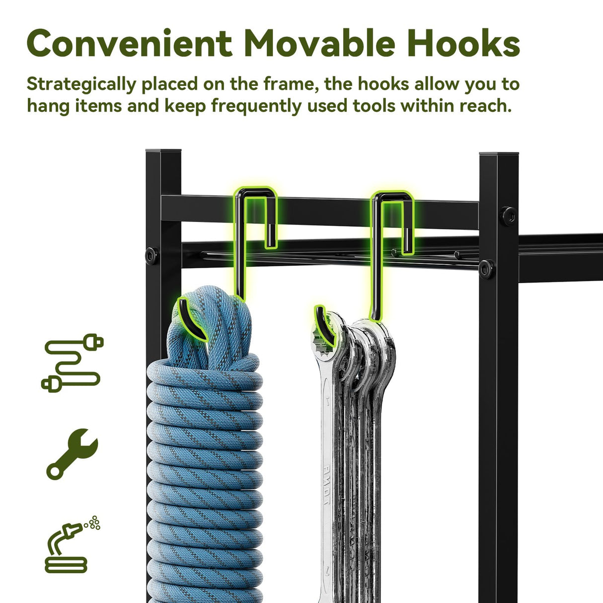 SUFAUY Garden Tool Organizer, Rolling Heavy-Duty Garage Tool Stand, Yard Storage Rack with Casters and Hooks, Black SUFAUY