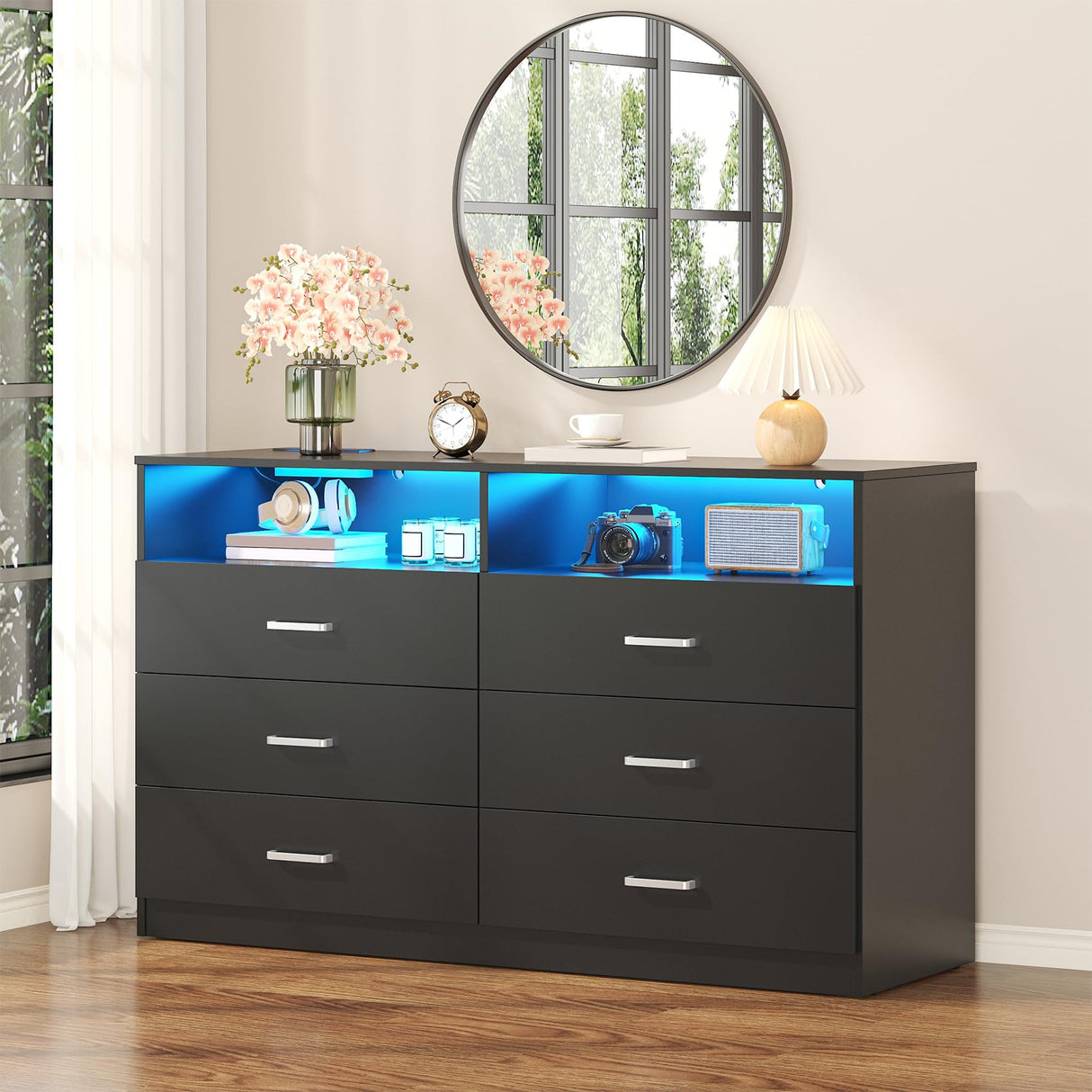 Bigbiglife Dresser for Bedroom, 6 Drawer Dresser with Charging Station and Led Light, Modern Chest of Drawers for Bedroom, Living Room,Black Bigbiglife